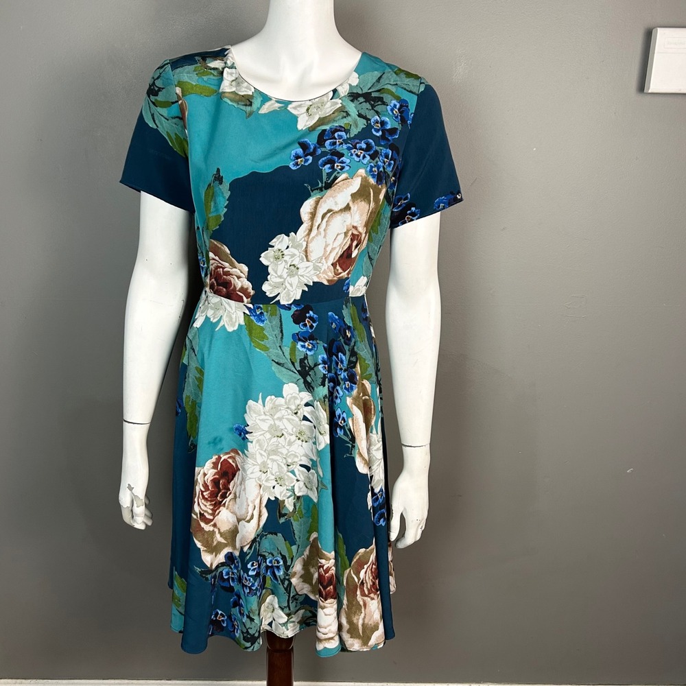 Anthropologie Corey Lynn Calter Floral dress size 6‎ short Sleeve Fit Flare Teal
